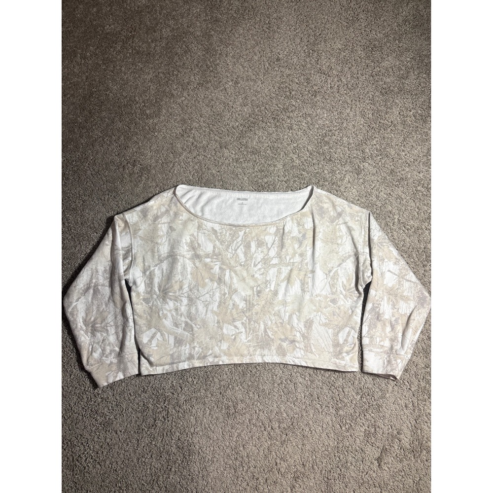 Hollister Womens Cropped Sweatshirt Medium Tan White Leaf Camo Boat Neck
